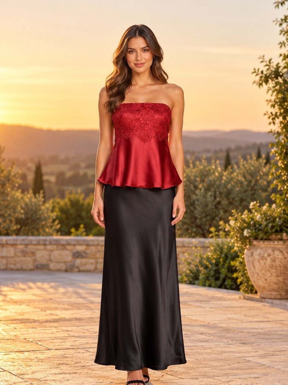 Dress Forum Burgundy Strapless Peplum Top Black Maxi Skirt Set S NWT NWOT